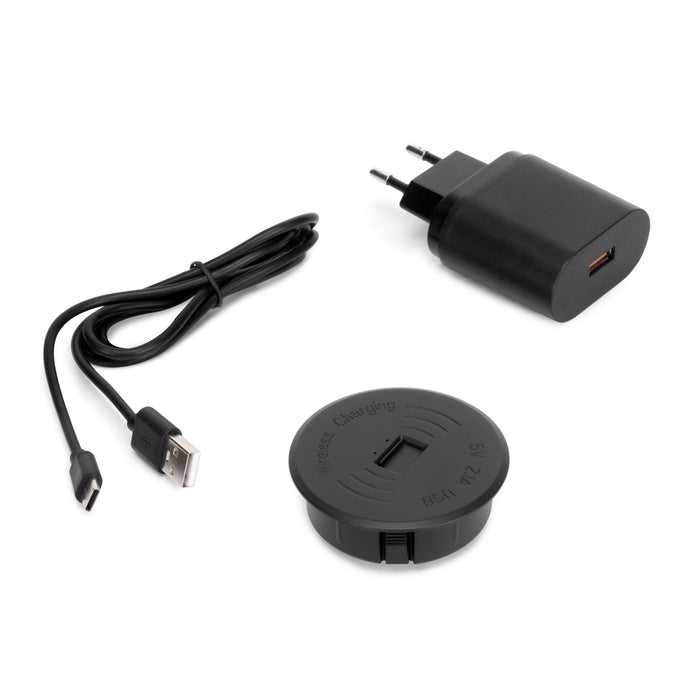 kabelloses Handy-Ladegerät Airtop 2, Oberflächen USB A, D.60mm, 5V DC / 2.1A (USB-10W/Qi-10W), Kunststoff, Schwarz