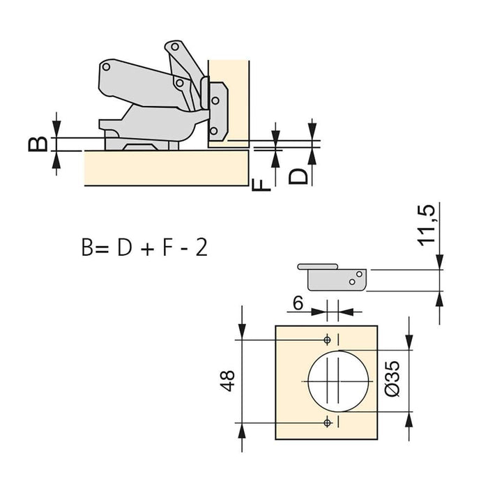 Kit von 10 Topfscharniere X91 Innenanschlag 165 Grad Öffnungswinkel Schließautomatik Kreuzmontageplatten Euroschraube, H 0, Stahl, vernickelt