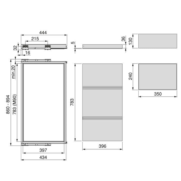 Set aus Tray set, 3 Organisationskörbe Soft-Close-Führungsrahmen Kleiderschränke, verstellbar, Modul 900mm, Steingrau