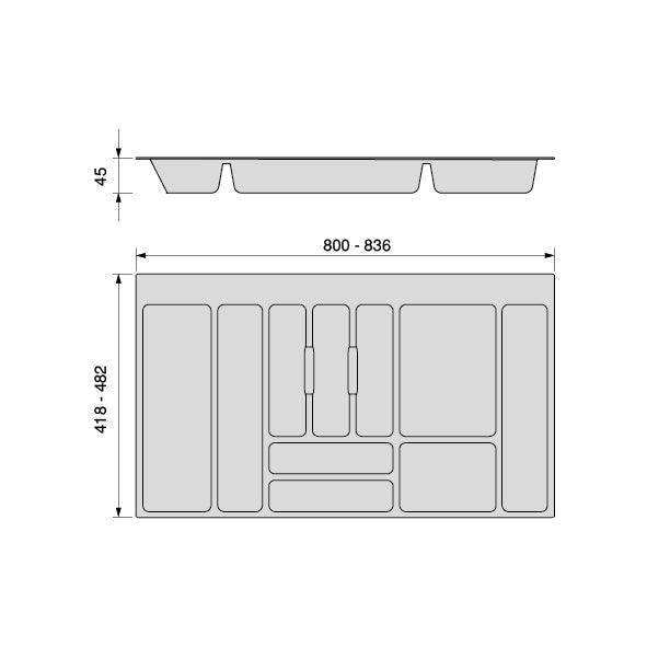 Besteckeinsatz Optima Universalschublade, Modul 900mm, Kunststoff, Anthrazitgrau