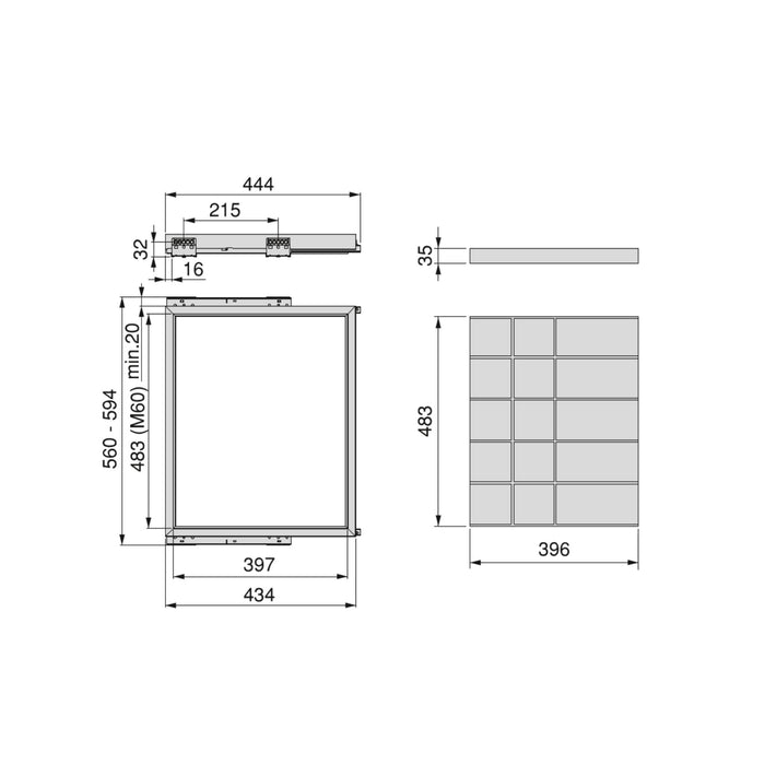 Set aus Organiser Schubladen set Soft-Close Auszugsrahmen Kleiderschrank, verstellbar, Modul 600mm, Steingrau