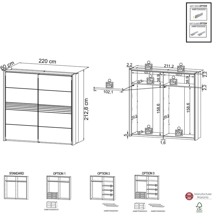 Hometrend | MELIKA 302SX Kleiderschrank | mit Passepartout | inkl. LED | Schwarz/Dekor Lamellen Artisan Eiche / Artisan Eiche