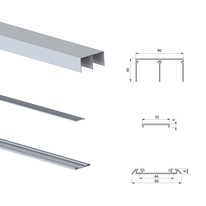 Set aus Beschlagset Placard 90 2 Schiebetüren sanftes Schliessen, Vall-Profil, Stärke 19mm, Paneele nicht inbegriffen, Matt eloxiert