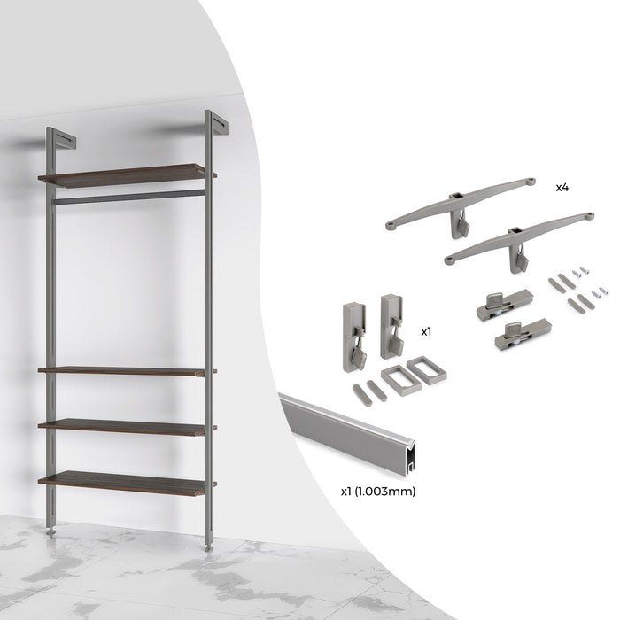 Set aus Bracket set 4 Holzböden 1 Hängestange 1m lang Zero, Aluminium Zamak Kunststoff, Steingrau lackiert