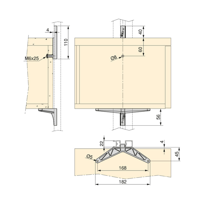 Set aus Bracket set 1 Holzregal, 1 Modul 1 Aufhängestange L 1m Zero, Zamak, Farbe Steingrau lackiert