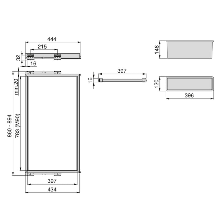 Set aus 7 Hosenträgern, 2 Ablagen sanft schließendem Gleitrahmen Kleiderschränke, verstellbar, Modul 900mm, Schwarz texturiert