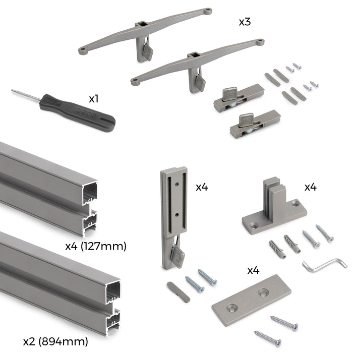 Set aus Zero Modular Frame Set Wandhalterungen, Aluminium Zamak, Steingrau lackiert