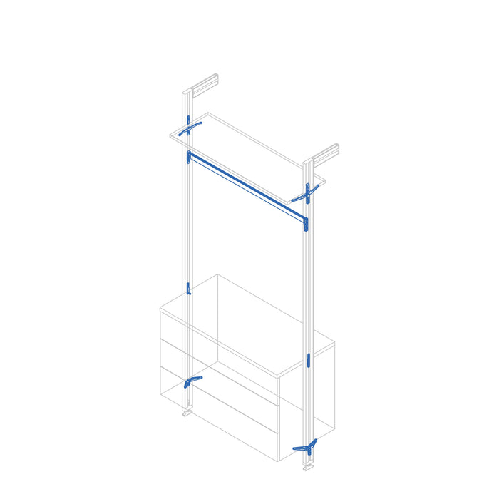 Set aus Bracket set 1 Holzregal, 1 Modul 1 Aufhängestange L 1m Zero, Zamak, Farbe Steingrau lackiert