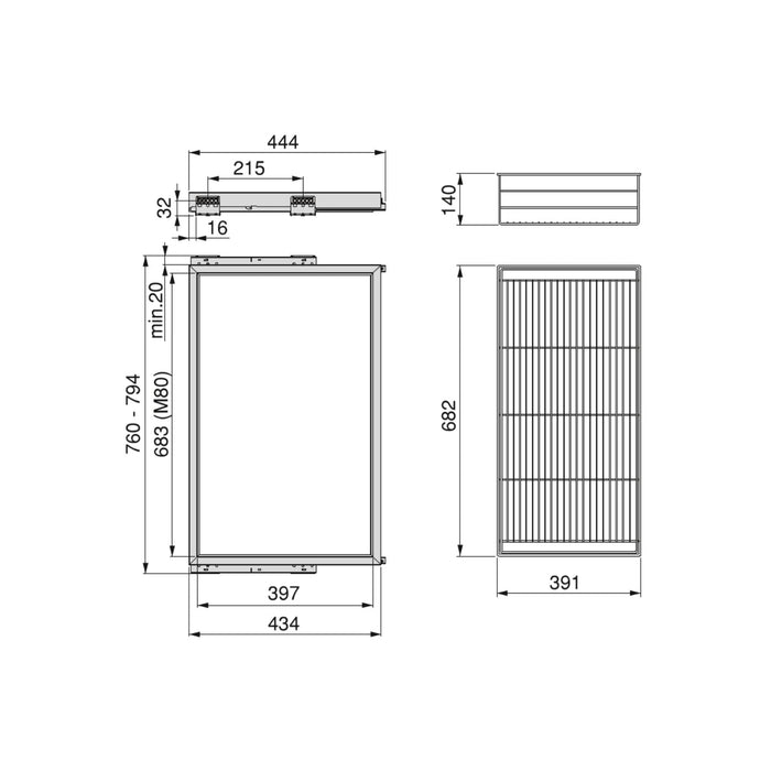 Set aus Drahtkorb- Gleitrahmenset sanftem Schließen Kleiderschrank, verstellbar, Modul 800mm, Steingrau