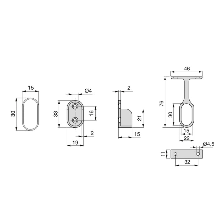 Satz von 2 ovale Korpusschienen 30x15mm L 0,75m Halterungen, Stahl Zamak, Verchromt