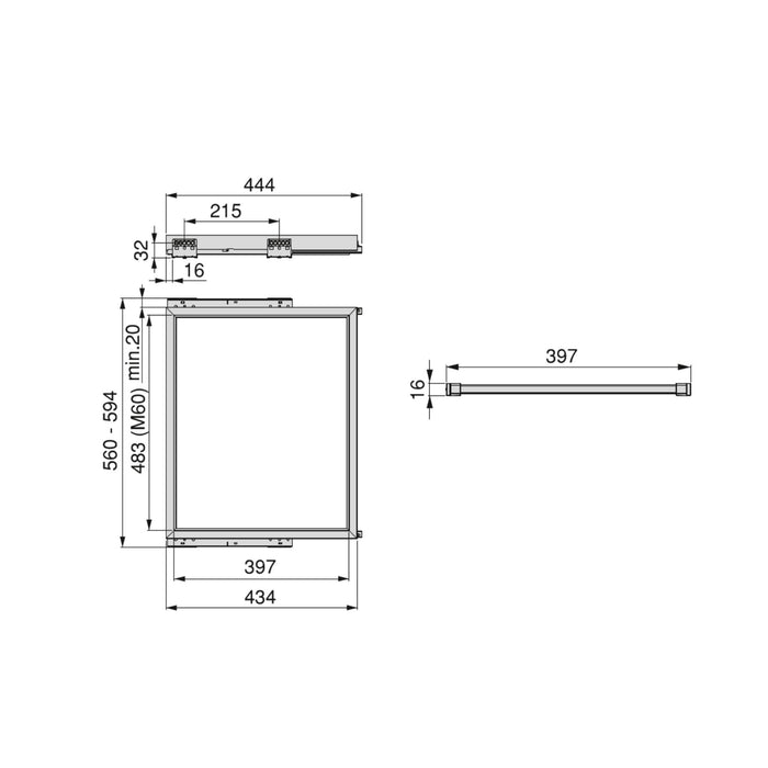 Set aus 7 Hosenträgern sanft schließendem Gleitrahmen Kleiderschränke, verstellbar, Modul 600mm, Schwarz texturiert