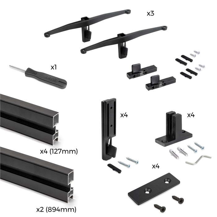 Set aus Zero modulares Rahmen set Wandbefestigung, Aluminium Zamak, Tiefschwarz lackiert texturiert