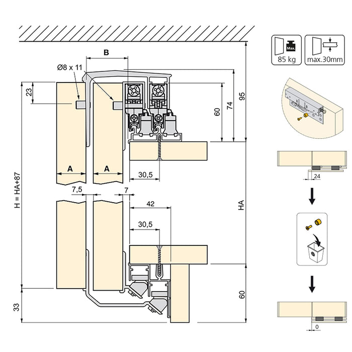 Set aus Hardware set 2 Schiebetüren Space sanftes Schliessen, Stärke 19-20mm, Oberteile nicht inbegriffen, Matt eloxiert