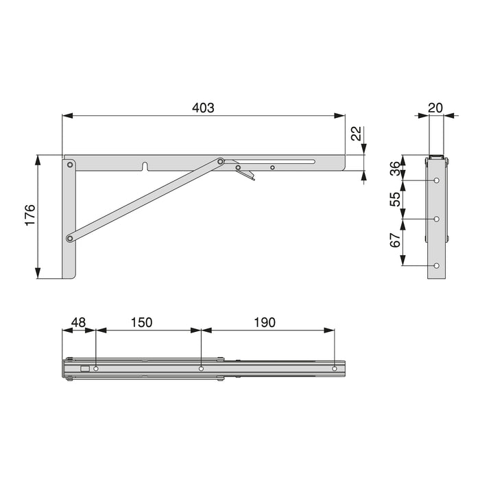 Satz Klappbarer Stützen, L 403mm, Stahl, Schwarz lackiert