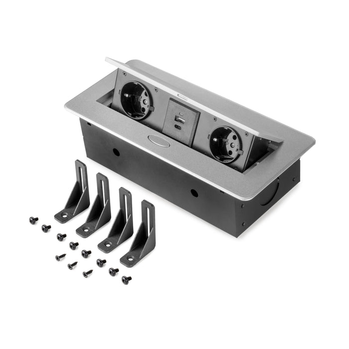 Desktop-Multistecker Atom 26 Lite, 225x111mm, 2 Schuko-Steckdosen, 1 USB Typ A, 1 USB Typ C, Zamak-Stahl-Kunststoff, Metallic Grau