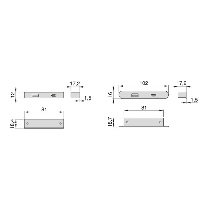 USB A- C-Stecker zum Laden von Linky, 81x12mm, Unter- oder Aufputzmontage, Kunststoff, Schwarz