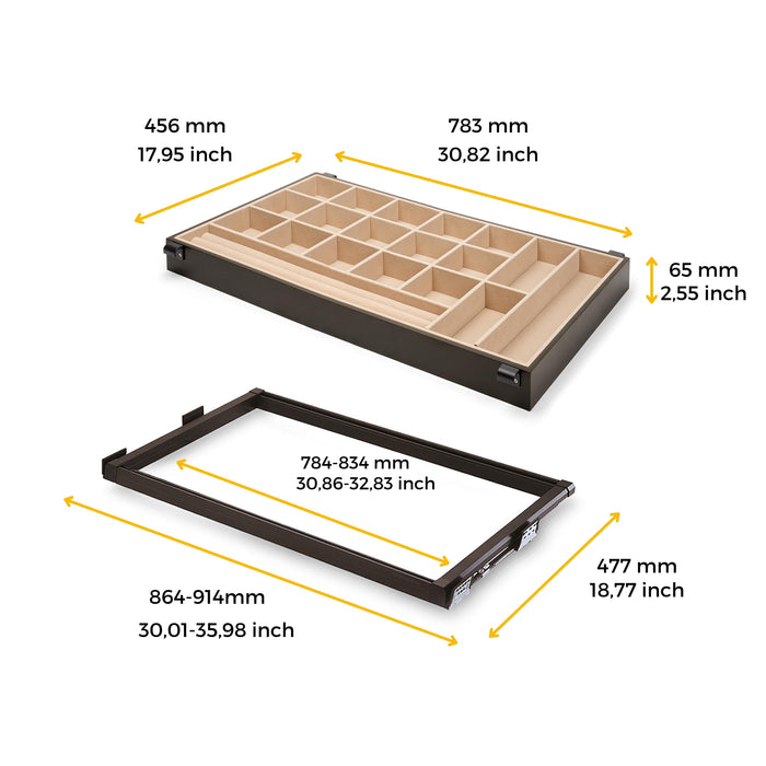 Set aus Schmuckschubladenset Auszugsrahmen Mokka-Schränke, sanftes Schließen, verstellbar, 900mm Modul, Stahl Aluminium, Farbe Mokka