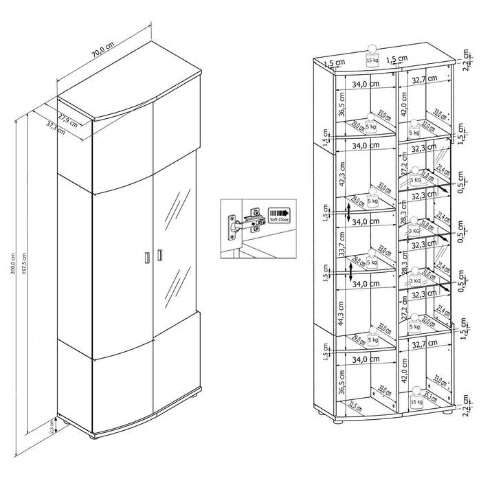 Hometrend | ISLA 012-02 Hochvitrine | Weiß-Anthrazit MDF Hochglanz Tiefgezogen / Weiß-Anthrazit