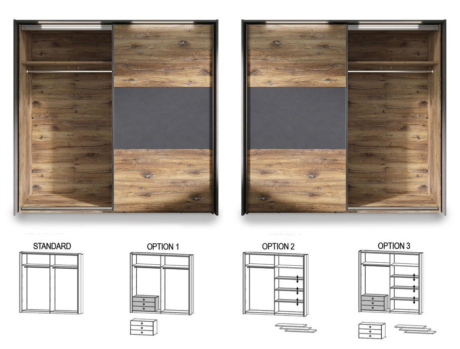 Hometrend | VENUSIA 302SX Kleiderschrank | mit Passepartout | inkl.LED | Flagstaff Eiche/Matera / Flagstaf Eiche