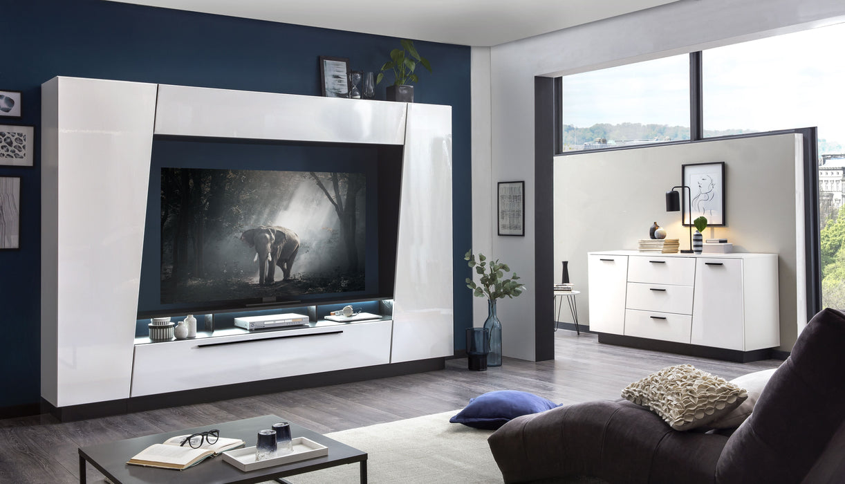 Hometrend | MEDIA V 084-01 Sideboard | Weiß MDF HG TG / Weiss-Schwarz