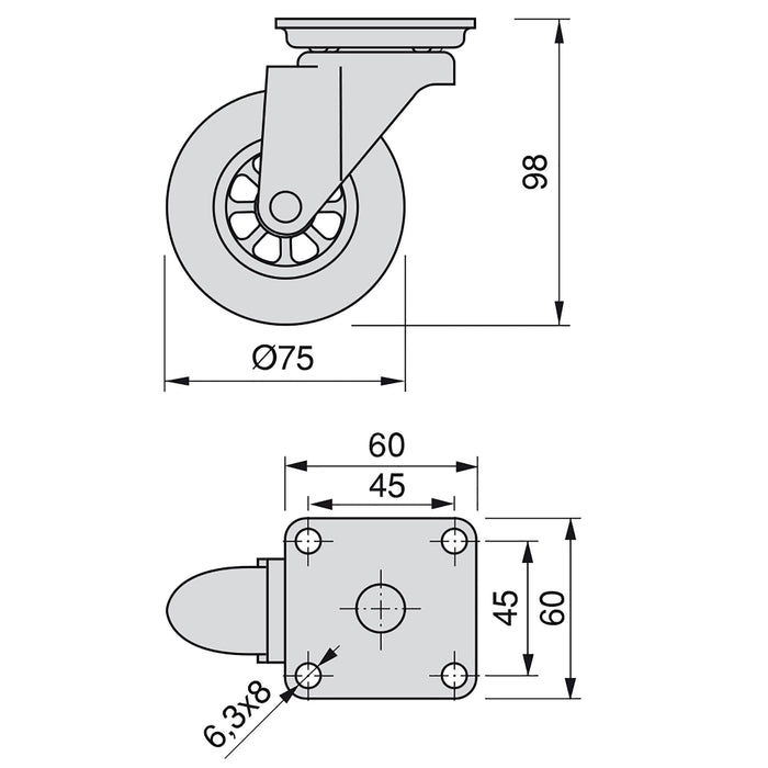 Lot von 4 transparente Rollen Slip Montageplatte, Durchmesser 75mm, Stahl Kunststoff