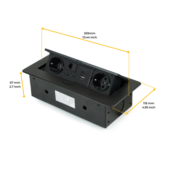 Multistecker Atom 26, 225x111mm, 2 Schuko-Stecker, 1 USB Typ A, 1 USB Typ C, 1 RJ45, 1 HDMI, Zamak-Stahl-Kunststoff, Schwarz