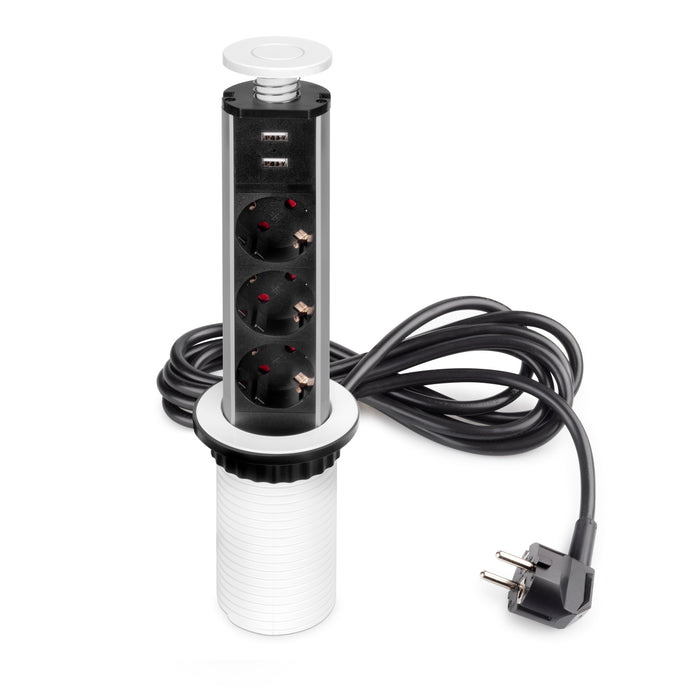 abnehmbarer Multistecker Vertikal, 3 x Schuko-Stecker, 2 x USB Typ A, Kunststoff Aluminium, Weiß metallic