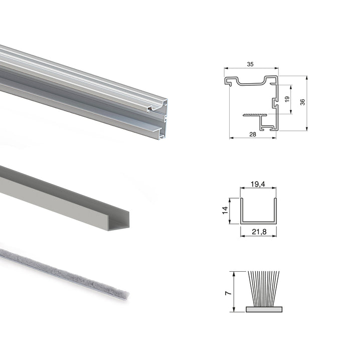 Set aus Beschlagset Placard 90 2 Schiebetüren sanftes Schliessen, Vall-Profil, Stärke 19mm, Paneele nicht inbegriffen, Matt eloxiert