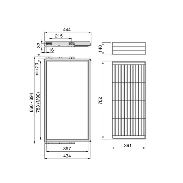 Set aus Drahtkorb- Gleitrahmenset sanftem Schließen Kleiderschrank, verstellbar, Modul 900mm, Schwarz strukturiert