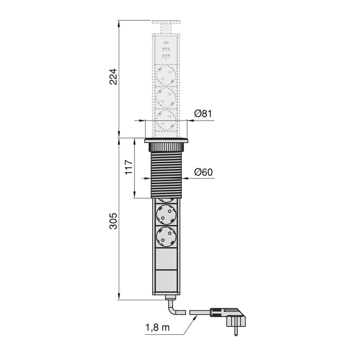 abnehmbarer Multistecker Vertikal, 3 x Schuko-Stecker, 1 x USB Typ A, 1 x USB Typ C, Kunststoff Aluminium, Metallic Grau