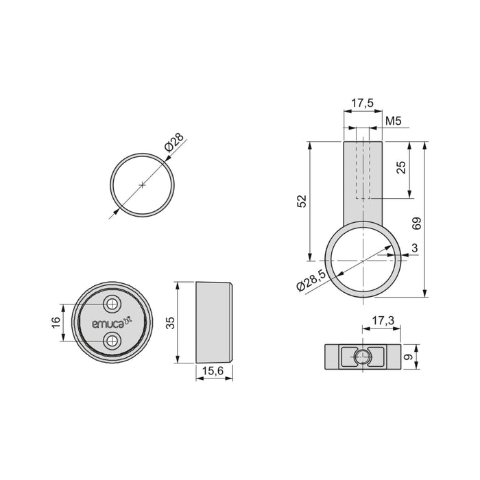 Satz von 2 ren Garderobenstangen D.28mm L 1.15m Halterungen, Aluminium Zamak, Mokka-lackiert