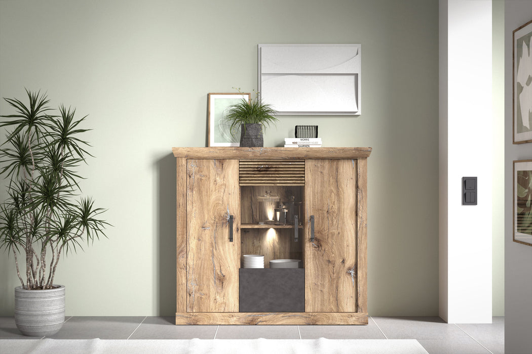 Hometrend | PORTUM 081 Highboard | Dekor Lamellen Flagstaff Eiche-Anthrazit / Flagstaff Eiche