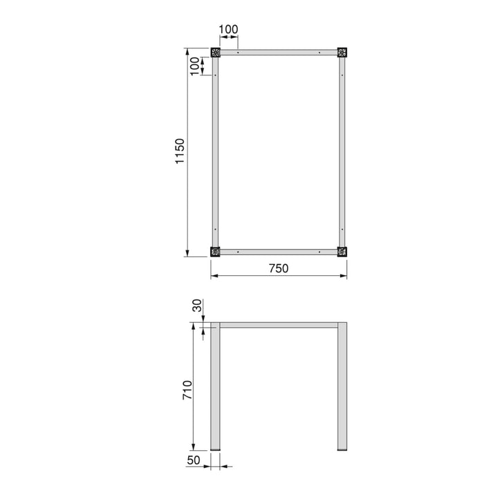 Quadratische Tischbeine Tischrahmen, 50x50mm, 1150x750mm, Stahl, Weiß lackiert