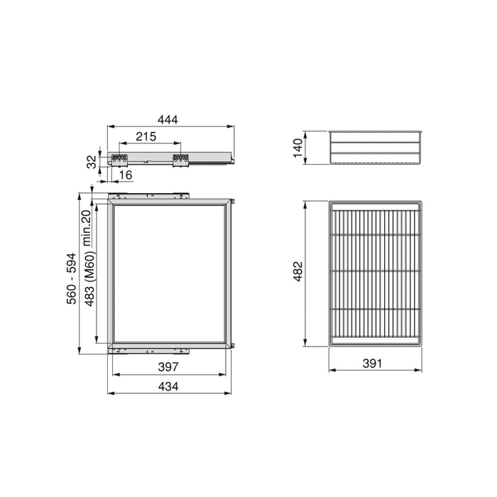 Set aus Drahtkorb- Gleitrahmenset sanftem Schließen Kleiderschrank, verstellbar, Modul 600mm, Schwarz texturiert