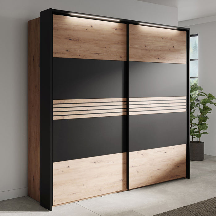 Hometrend | MELIKA 302SX Kleiderschrank | mit Passepartout | inkl. LED | Schwarz/Dekor Lamellen Artisan Eiche / Artisan Eiche