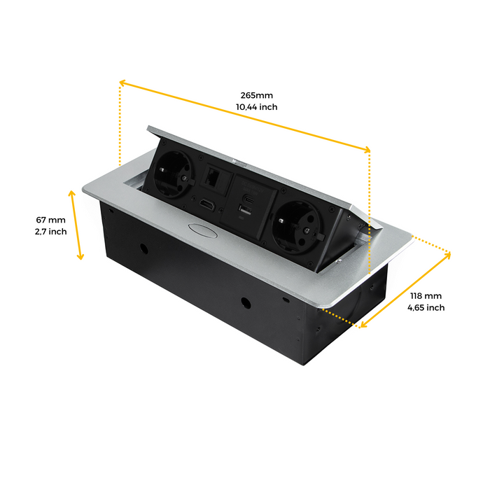 Multistecker Atom 26, 225x111mm, 2 Schuko-Stecker, 1 USB Typ A, 1 USB Typ C, 1 RJ45, 1 HDMI, Zamak-Stahl-Kunststoff, Metallic Grau