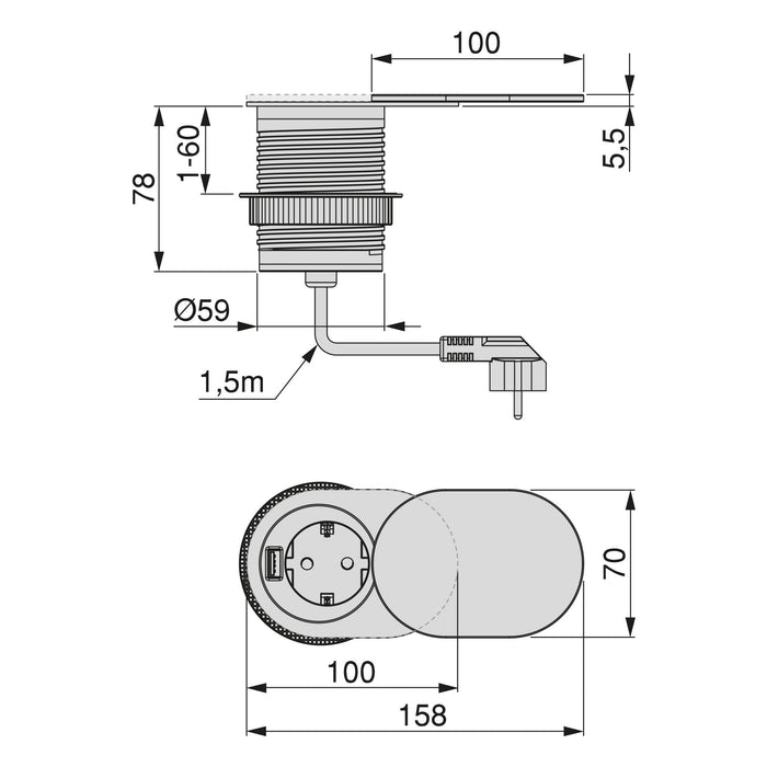 Multistecker Gleiter Vertikal Flat 60, Durchmesser 60mm, 1 Schukostecker, 1 USB Typ A, Stahl Kunststoff, Stahl