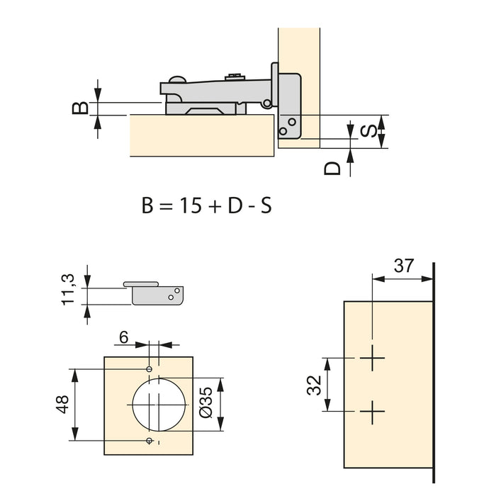 Kit von 20 Topfscharniere X91N Eckanschlag Anschraubplatte, H 0, Stahl, Titan-Ausführung