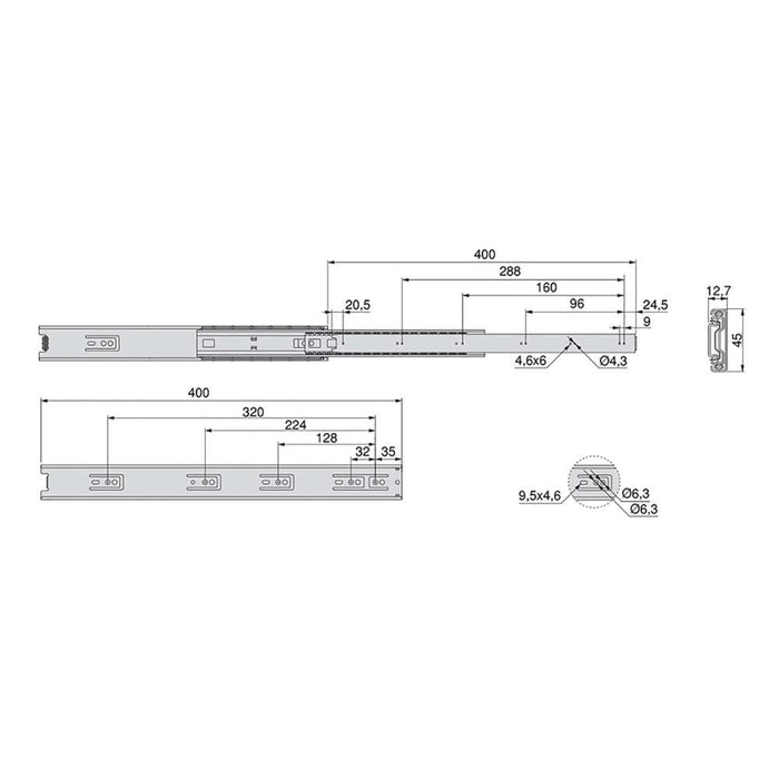 5er Satz Kugelführungen, H 45mm, T 400mm, Vollauszug, Verzinkt