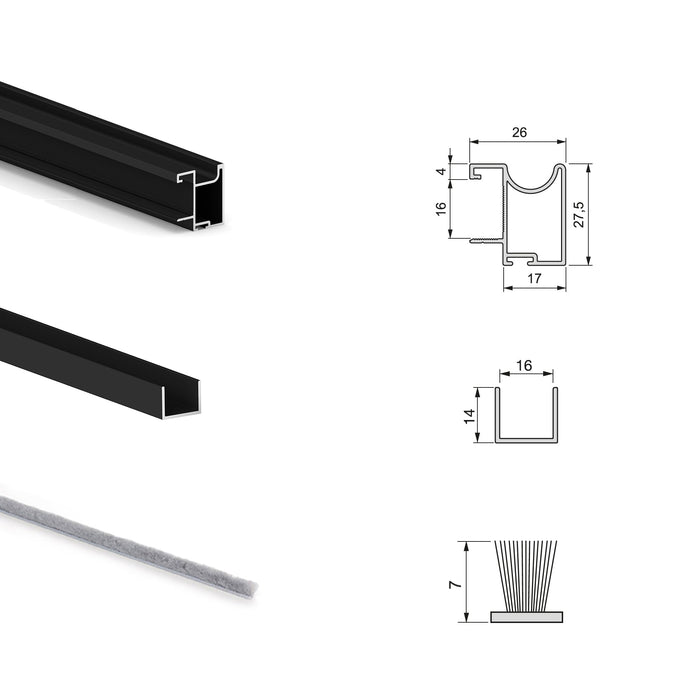 Set aus Hardware set Placard 74 2-Schiebe-Kleiderschrank sanftem Schliessen, Profil Sharp, Stärke 16mm, ohne Paneele, Schwarz lackiert