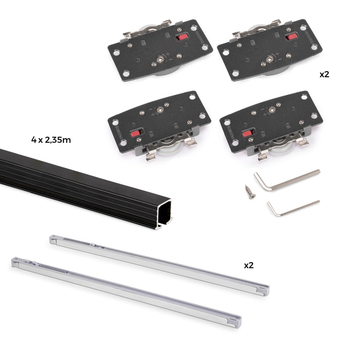 Set aus Beschlagset Flow2 2 Schiebetüren sanftem Schließen eingelassenen Schienen 2,35 m, ohne Paneele, Schwarz lackiert