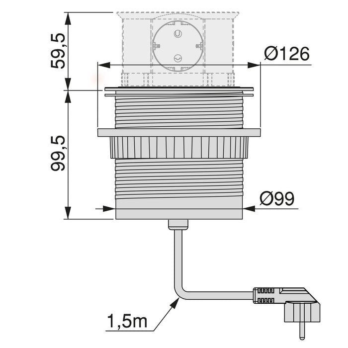 Multistecker Vertikal Push, 100mm Durchmesser, 3 Schuko-Stecker, 2 USB Typ A, Schwarz lackiert, Stahl Kunststoff