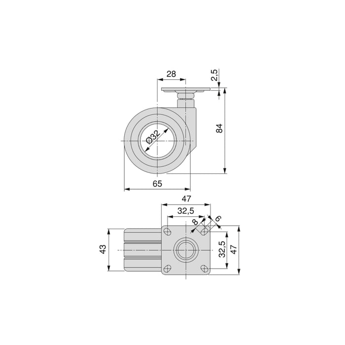 Lot von 4 Rollen Hole Montageplatte, Durchmesser 65mm, Stahl, Schwarz lackiert Kunststoff