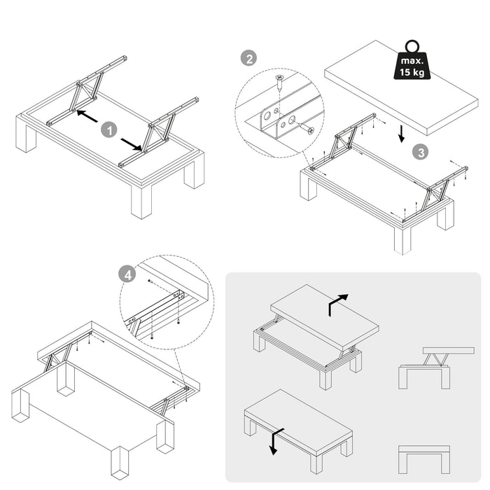 Satz Couchtisch Hebemechanismus-Set, ermöglicht das Anheben des Tisches um 135 mm, Stahl, Schwarz lackiert