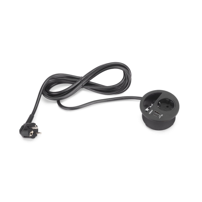 Multistecker Circle 80, Durchmesser 80mm, 1 x Schuko-Stecker, 1 x USB Typ A, 1 x USB Typ C, Kunststoff, Schwarz lackiert