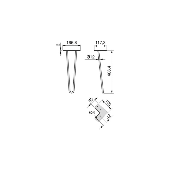 Lot von 4 Tischbeine 2 Stangen Hairpin, H 400mm, Stahl, Schwarz lackiert