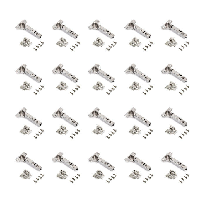 Kit von 20 Topfscharniere X92 105-Grad Öffunungswinkel Schließautomatik Kreuzmontageplatten zum Schrauben, Stahl, Nickel satiniert
