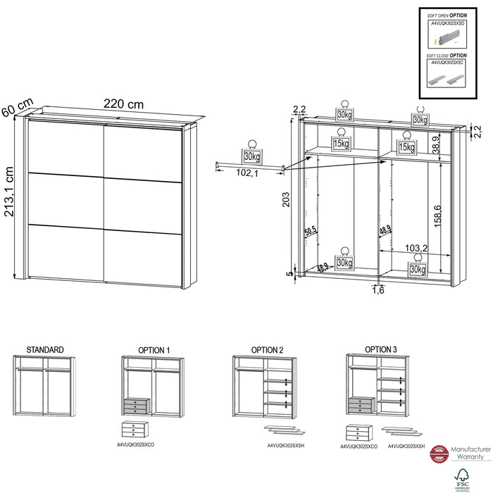 Hometrend | VENUSIA 302SX Kleiderschrank | mit Passepartout | inkl.LED | Flagstaff Eiche/Matera / Flagstaf Eiche