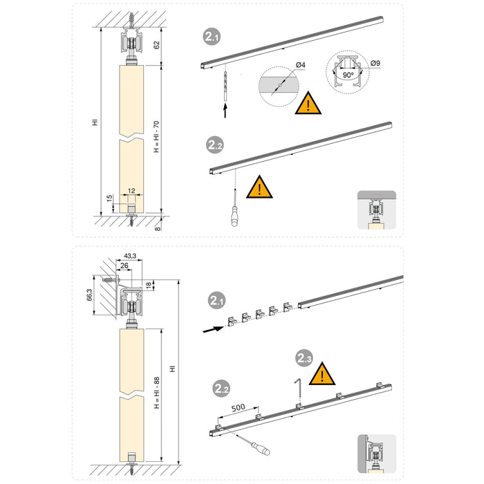 Set aus Railway Schiebesystem set Holz Schiebetüren sanftem Schließen, 80kg, Aluminium, Matt eloxiert