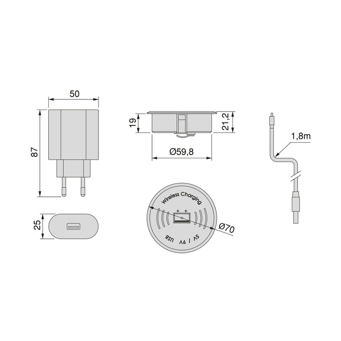 verstecktes kabelloses Handy-Ladegerät Airtop 2, D.60mm, 5V DC 2A (Qi-10W), Kunststoff, Schwarz